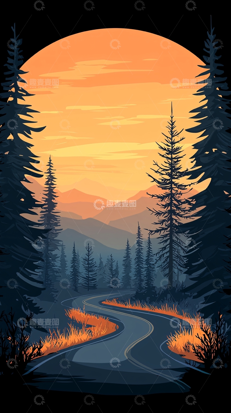 高清大图下载【趣麦麦图】夕阳下的森林小路