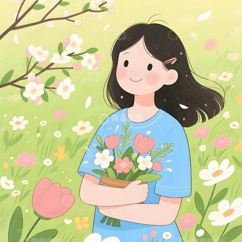 高清大图下载【趣麦麦图】人物手绘插画春日花朵清新风格矢量图