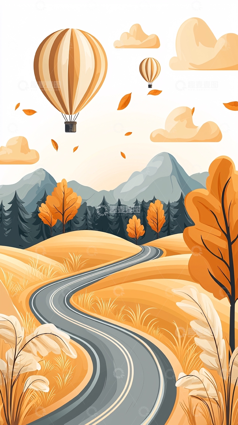 高清大图下载【趣麦麦图】秋日山间热气球风景