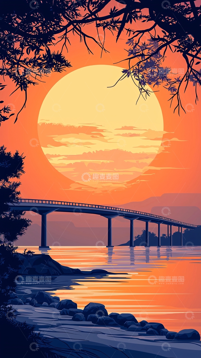 高清大图下载【趣麦麦图】夕阳下的桥梁风景图