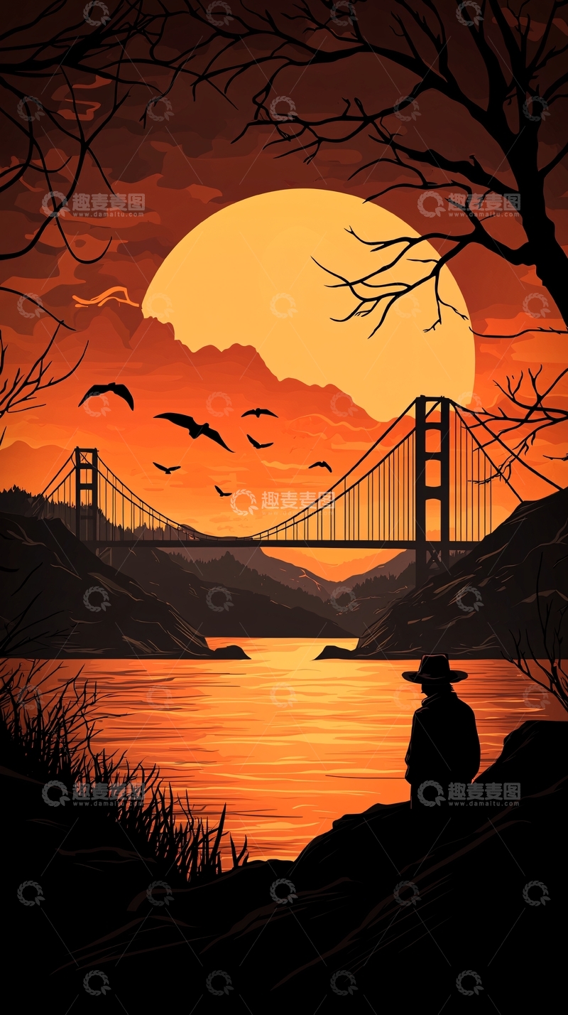 高清大图下载【趣麦麦图】夕阳下的金门大桥剪影