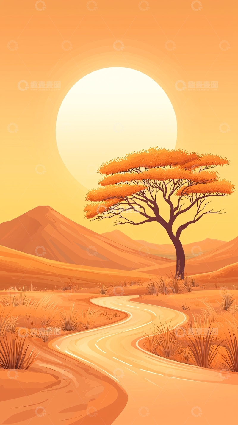 高清大图下载【趣麦麦图】沙漠夕阳下的孤独之路