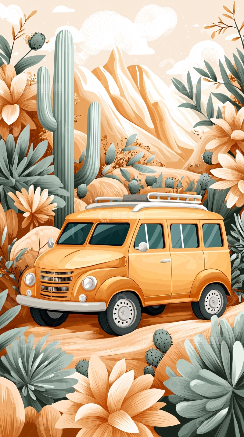 高清大图下载【趣麦麦图】沙漠绿洲上的复古面包车