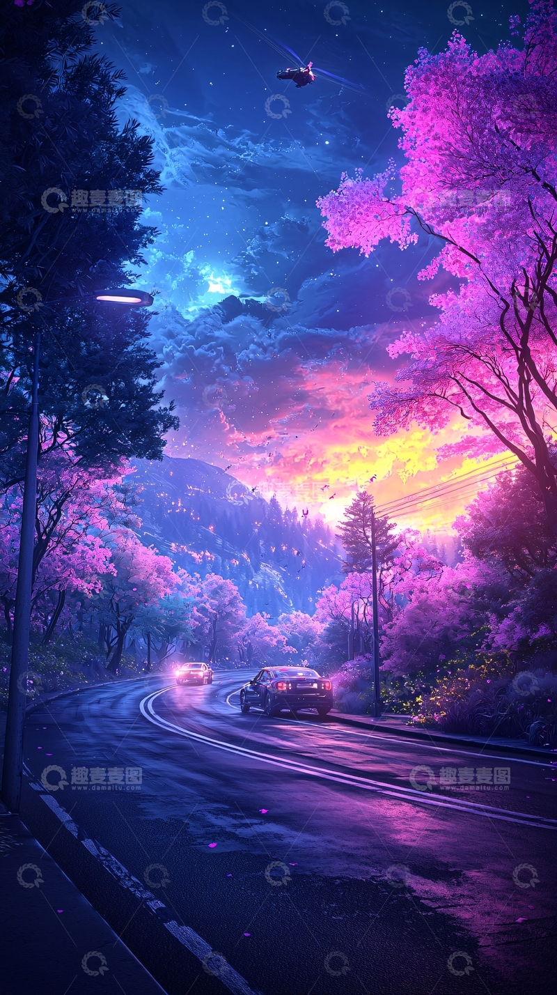 高清大图下载【趣麦麦图】梦幻夜景下的公路与樱花树