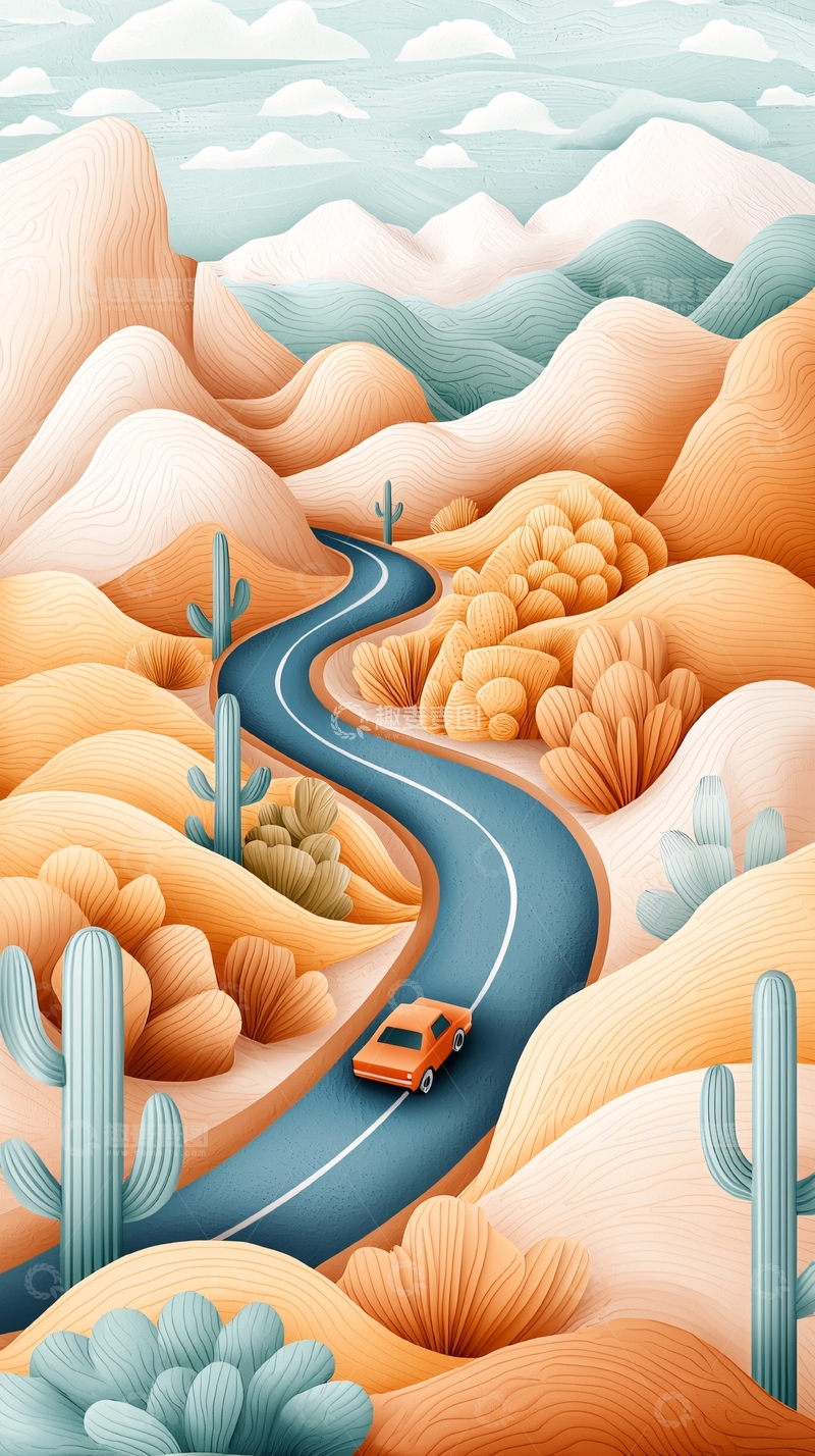 高清大图下载【趣麦麦图】沙漠公路与仙人掌