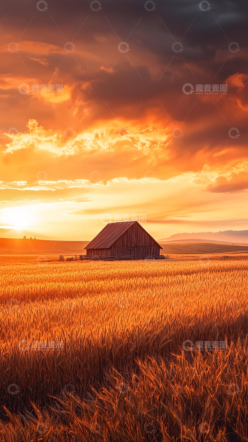 高清大图下载【趣麦麦图】夕阳下的麦田与小屋