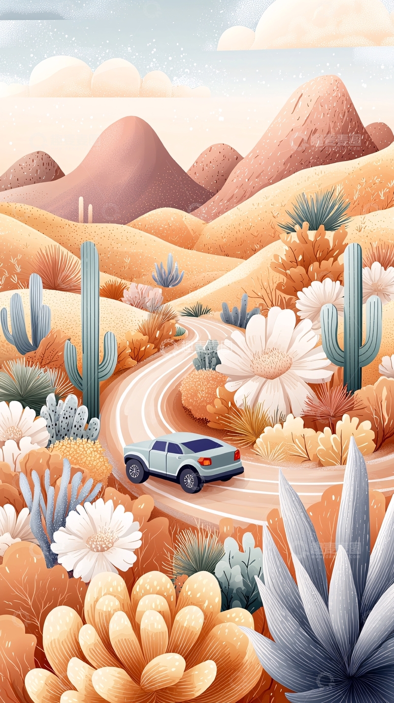 高清大图下载【趣麦麦图】沙漠公路与仙人掌