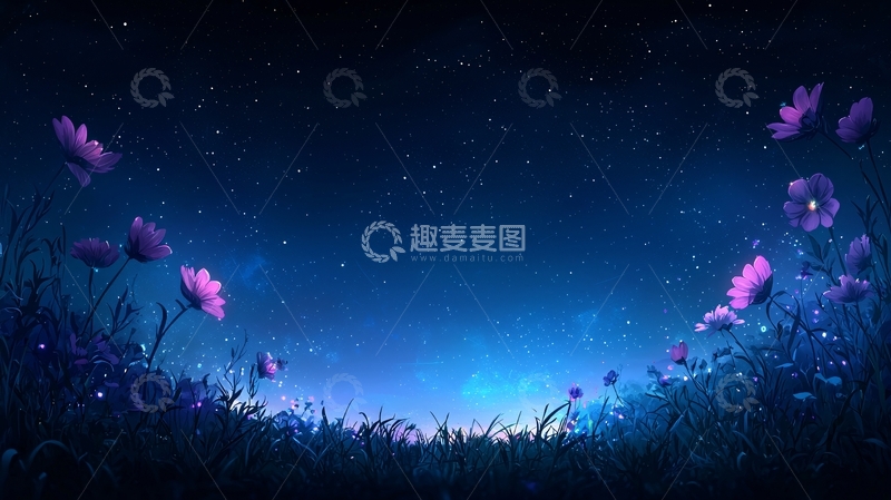 高清大图下载【趣麦麦图】梦幻星空下的紫色花朵