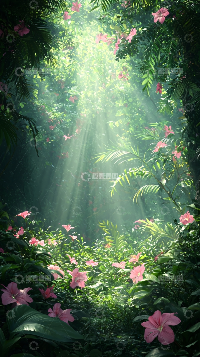 高清大图下载【趣麦麦图】阳光穿透丛林的梦幻场景