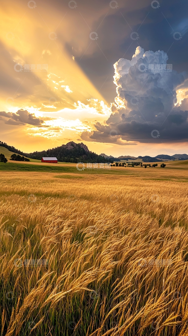 高清大图下载【趣麦麦图】夕阳下的麦田与红屋