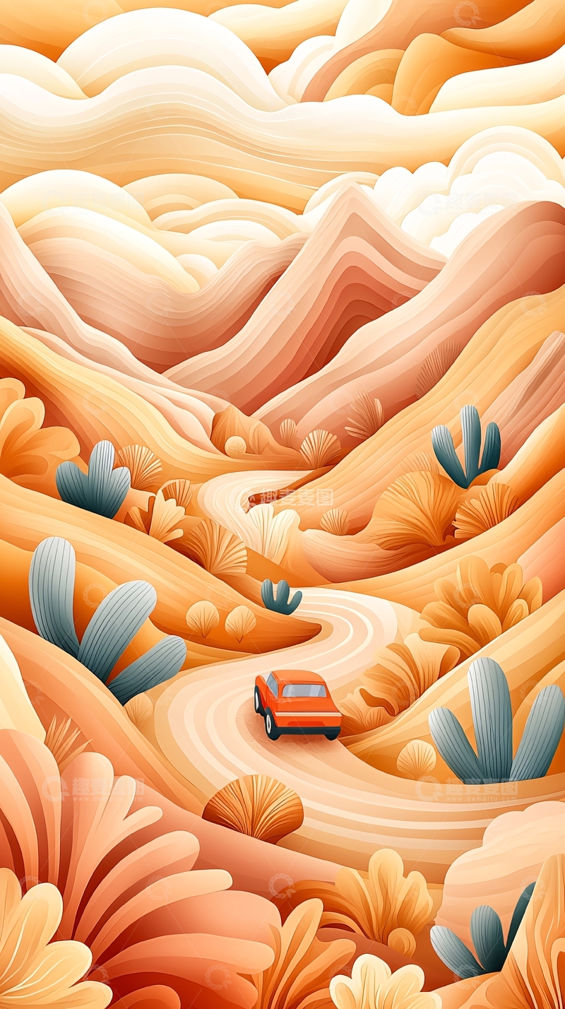 高清大图下载【趣麦麦图】沙漠公路风景插画