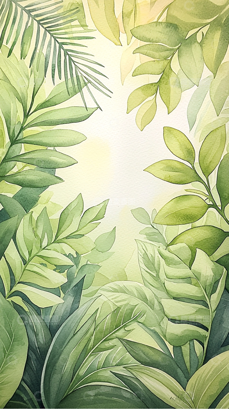 高清大图下载【趣麦麦图】热带雨林植物水彩画背景