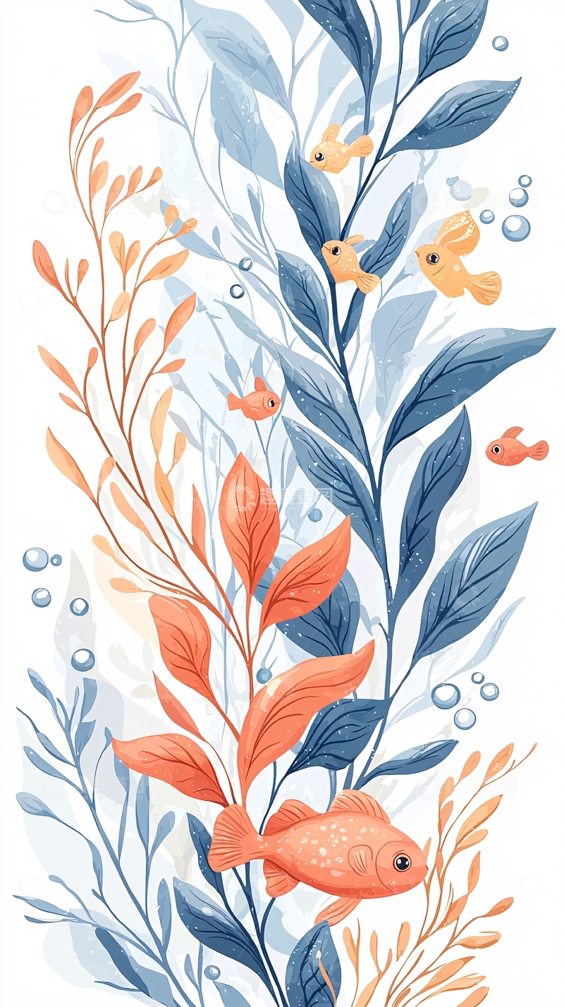 高清大图下载【趣麦麦图】海底珊瑚与小鱼插画素材