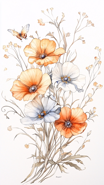 秋日野花与蝴蝶插画