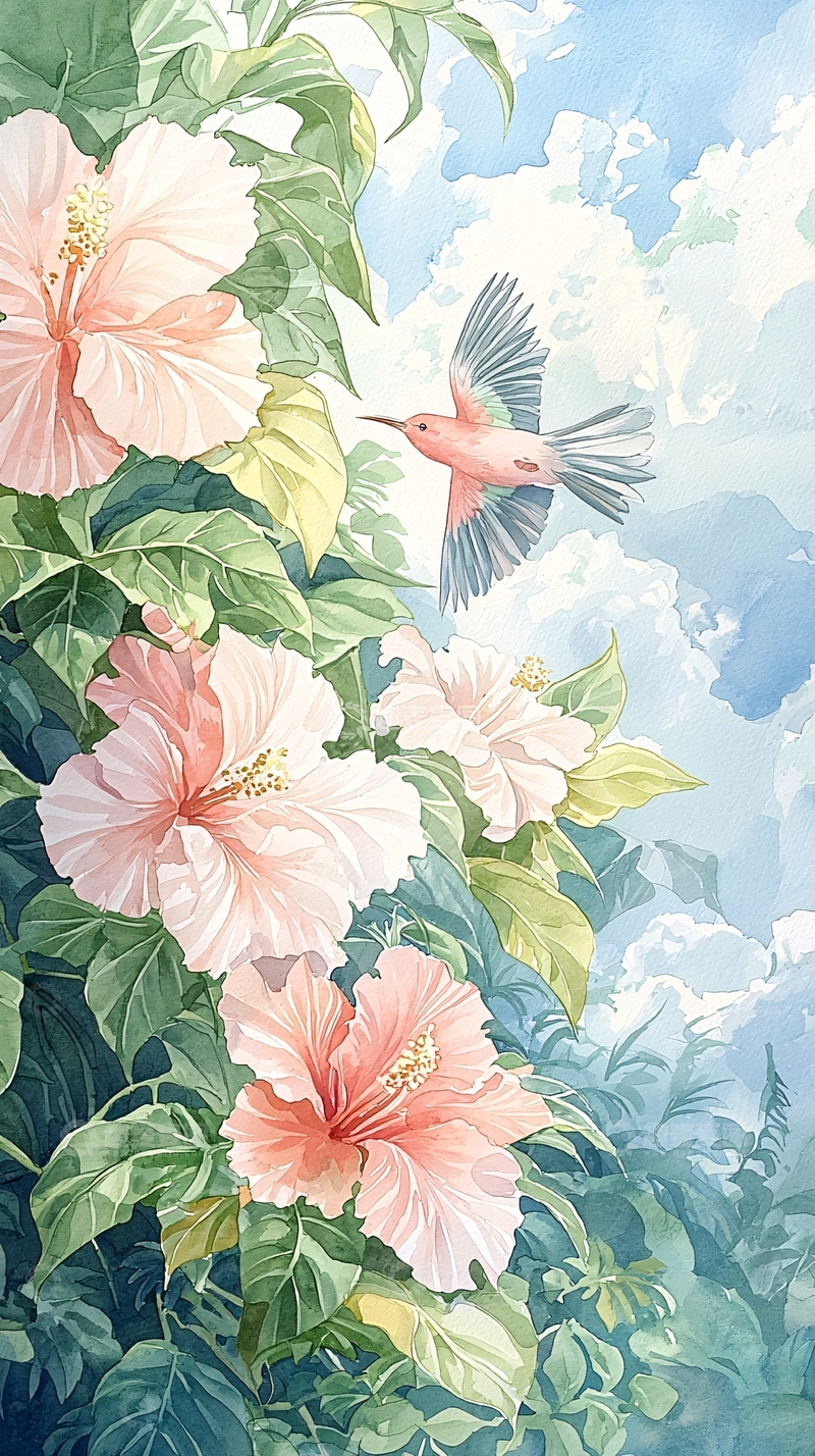 高清大图下载【趣麦麦图】热带花鸟水彩画背景图