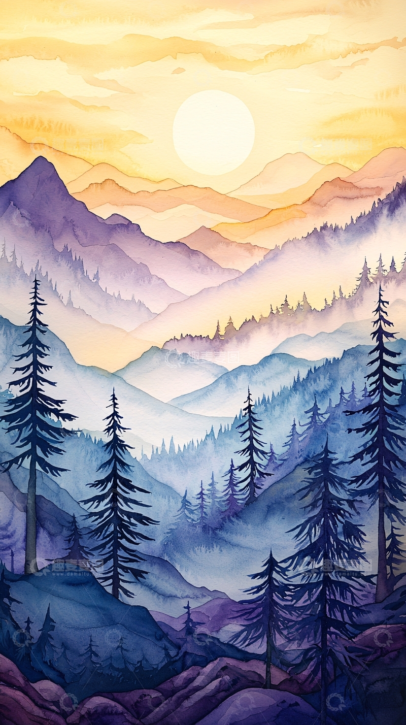 高清大图下载【趣麦麦图】晨雾山林水彩画