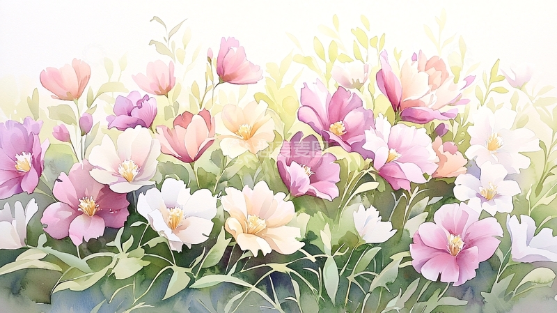 高清大图下载【趣麦麦图】春日花海水彩画背景图