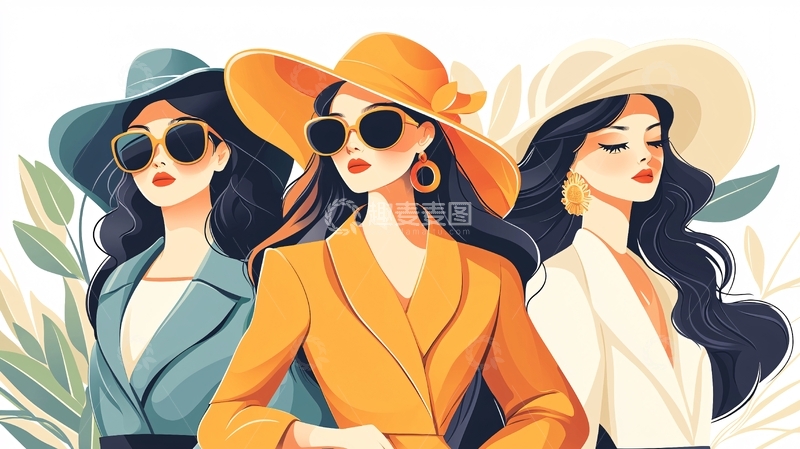 高清大图下载【趣麦麦图】-时尚女性帽子与墨镜插画