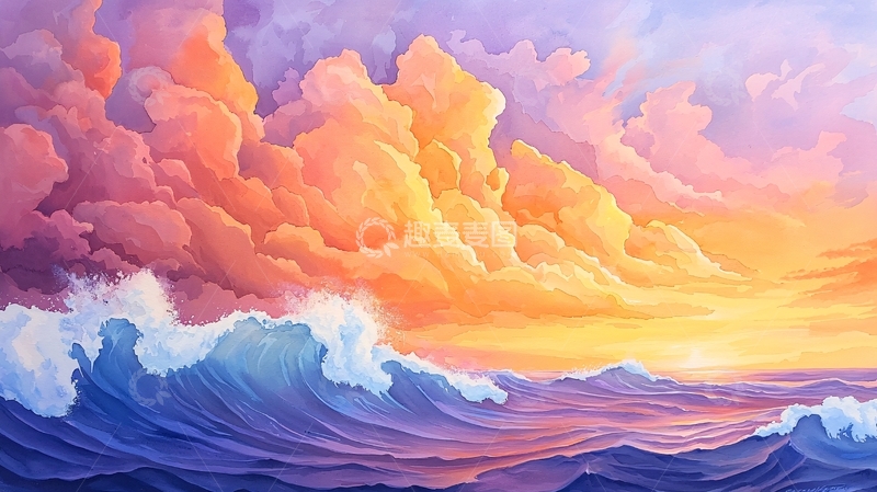 高清大图下载【趣麦麦图】日落海浪艺术画