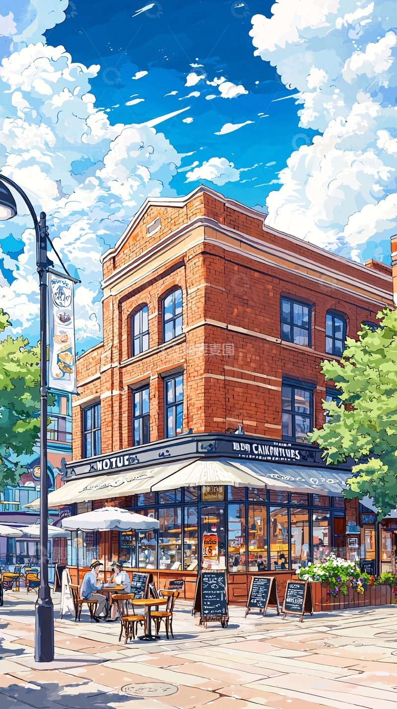高清大图下载【趣麦麦图】阳光明媚的咖啡馆街景