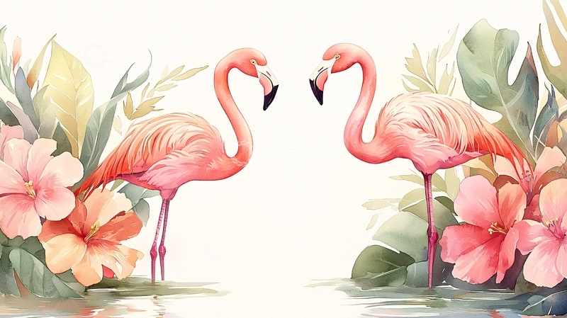 高清大图下载【趣麦麦图】粉红火烈鸟与热带花卉