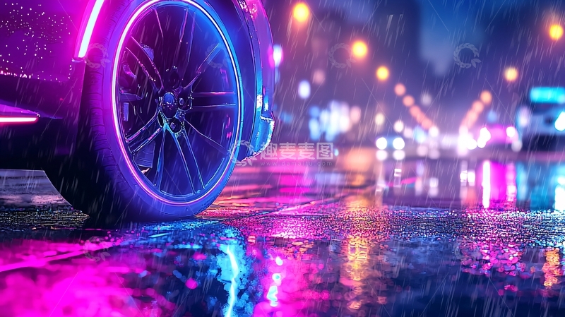 高清大图下载【趣麦麦图】霓虹雨夜车轮光影
