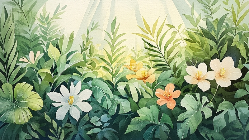 高清大图下载【趣麦麦图】热带植物与花朵插画背景