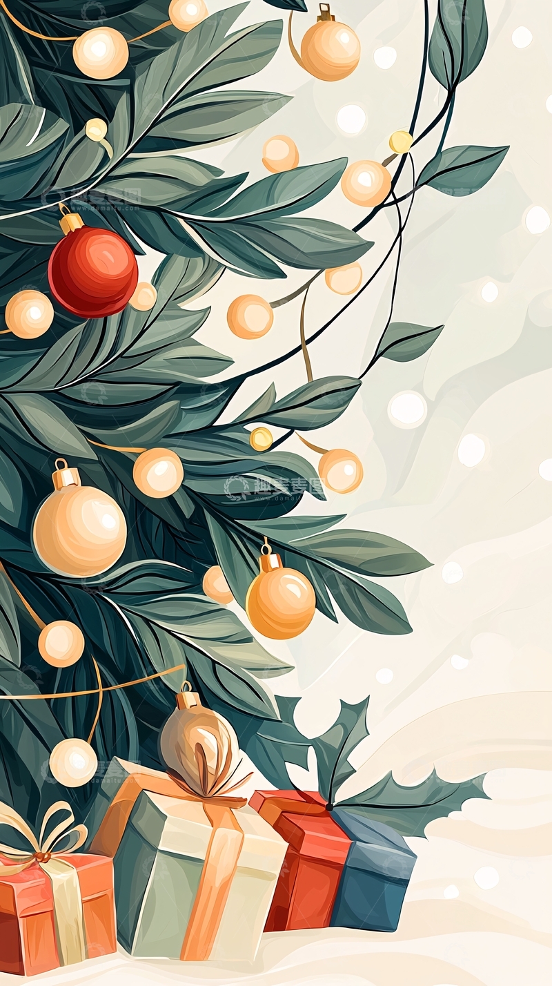 高清大图下载【趣麦麦图】圣诞树礼物盒装饰插画