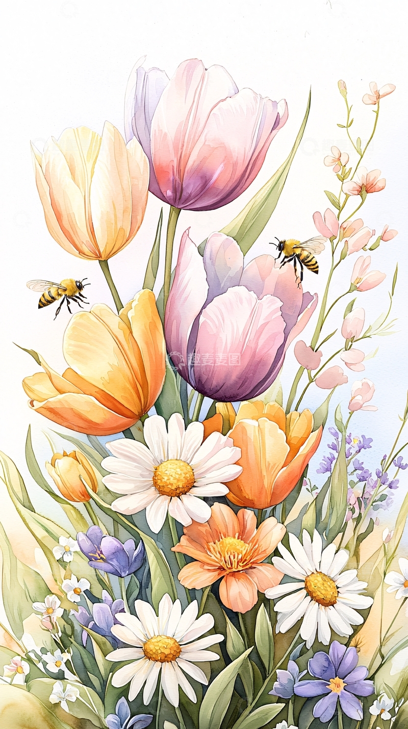 高清大图下载【趣麦麦图】春日花海蜜蜂图