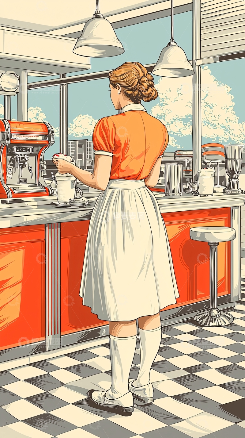 高清大图下载【趣麦麦图】复古咖啡店服务员工作场景