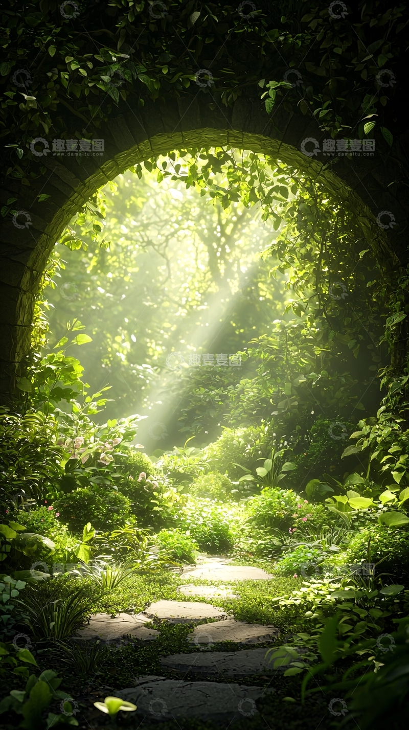 高清大图下载【趣麦麦图】阳光透过拱门的神秘花园