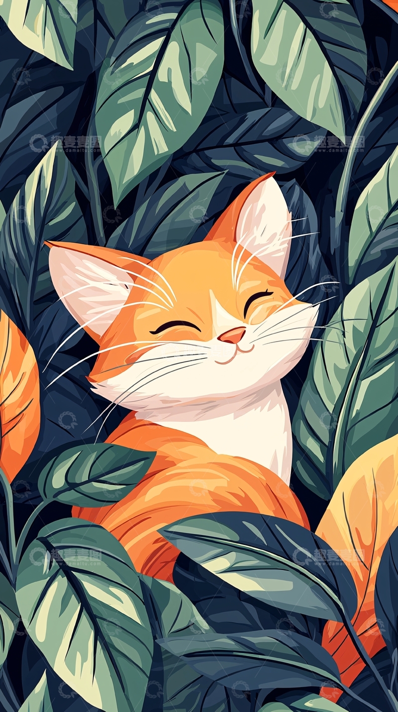 高清大图下载【趣麦麦图】橙猫睡在绿叶中