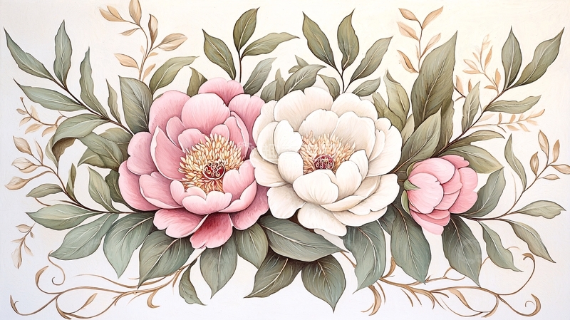 高清大图下载【趣麦麦图】粉色白色牡丹花束插画