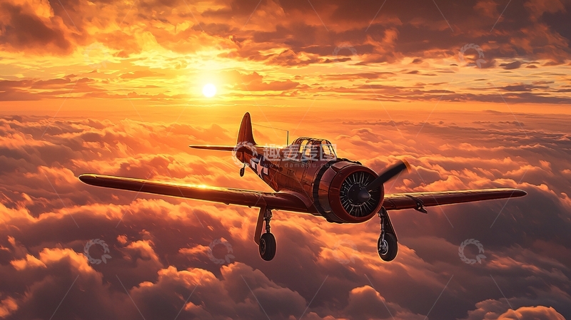 高清大图下载【趣麦麦图】夕阳下的复古飞机