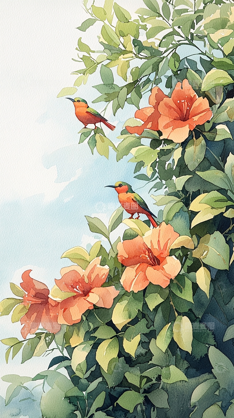 高清大图下载【趣麦麦图】热带花鸟水彩画