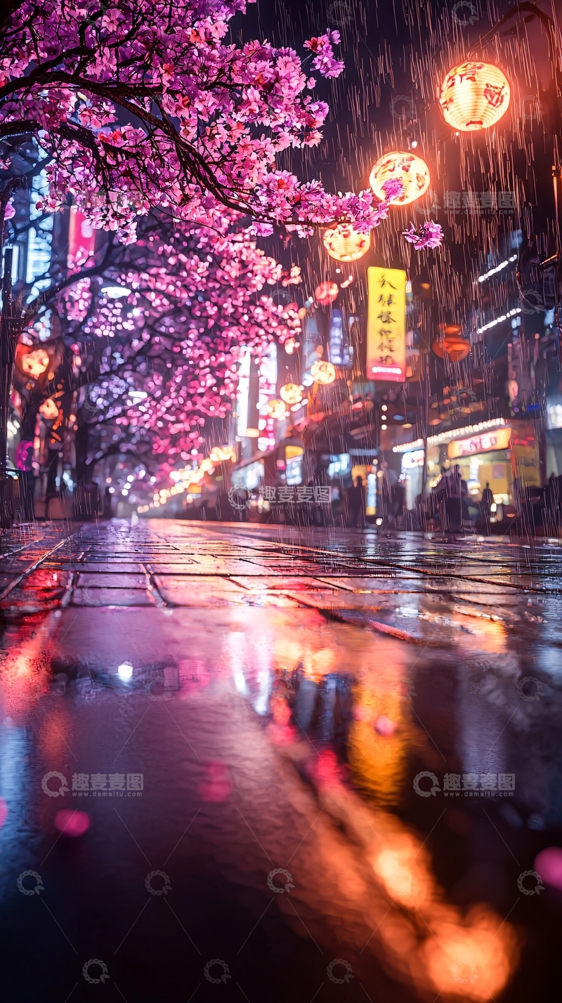 高清大图下载【趣麦麦图】雨夜樱花下的城市街道