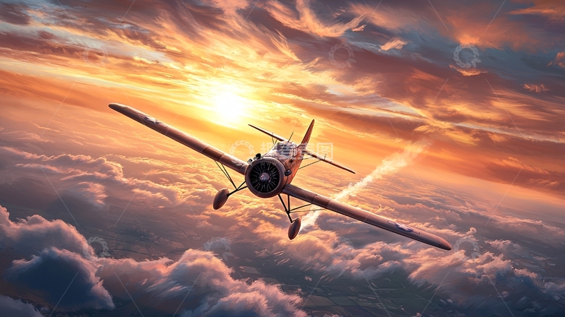 高清大图下载【趣麦麦图】夕阳下的双翼飞机