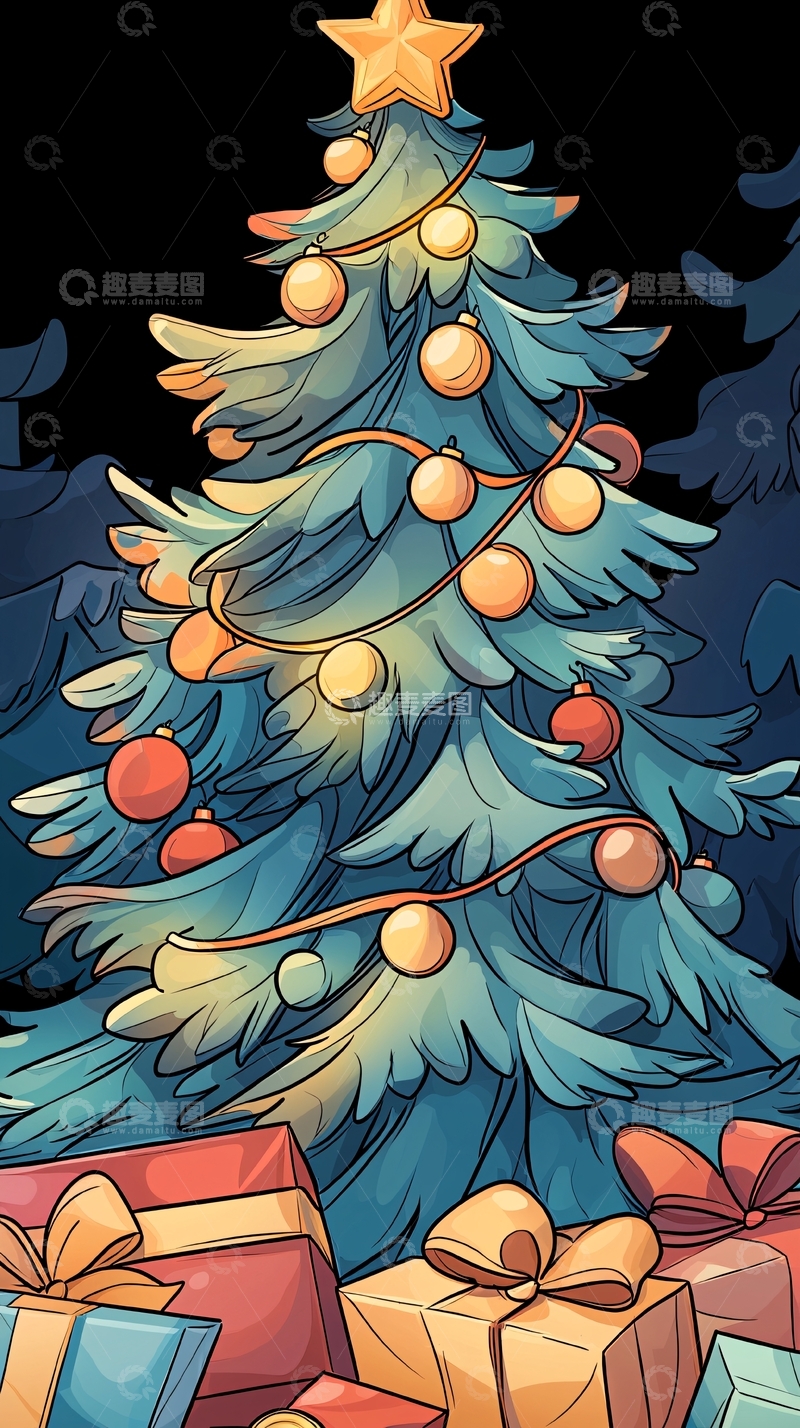 高清大图下载【趣麦麦图】圣诞树礼物堆背景图