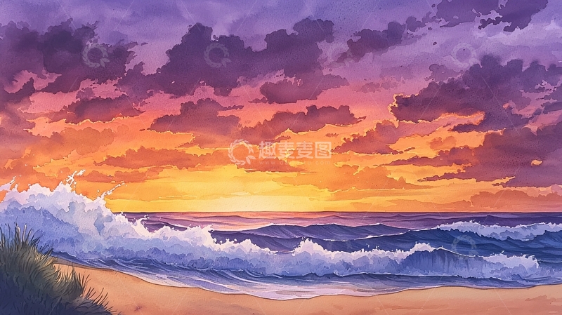 高清大图下载【趣麦麦图】日落海滩海浪沙滩风景