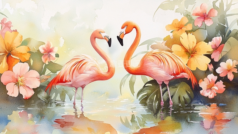 高清大图下载【趣麦麦图】粉红火烈鸟与热带花卉