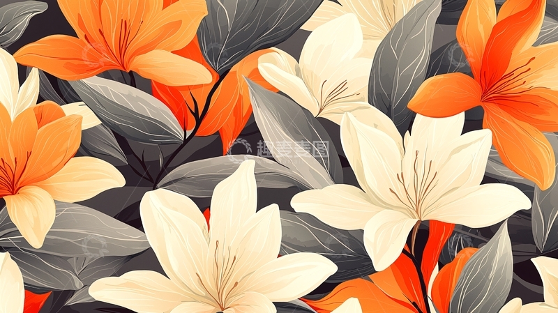 高清大图下载【趣麦麦图】橙白百合花插画背景素材