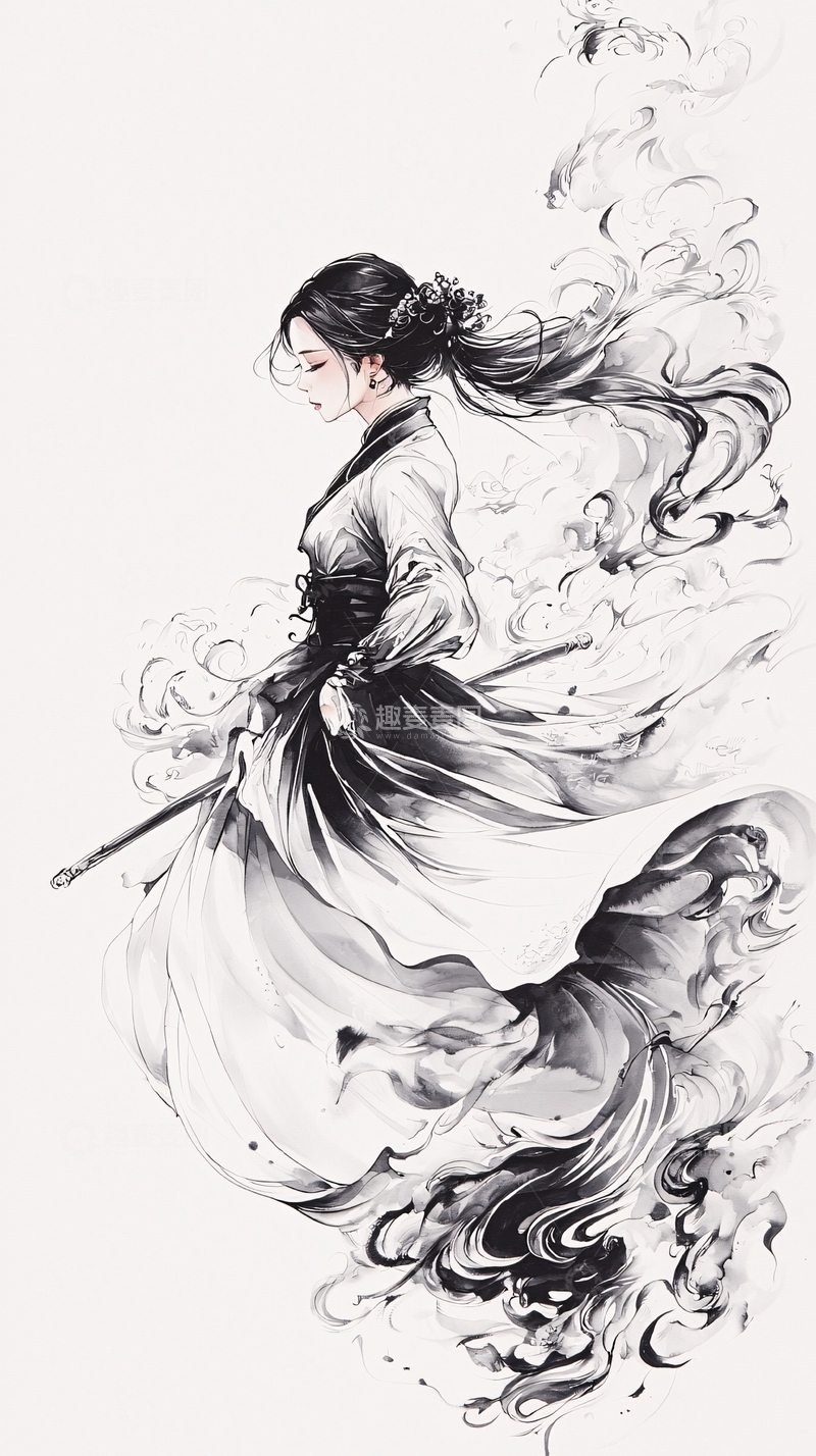 高清大图下载【趣麦麦图】飘逸古风女子水墨画