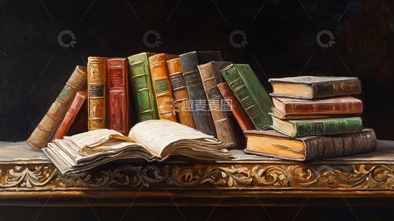 高清大图下载【趣麦麦图】古典书架上的书籍静物画