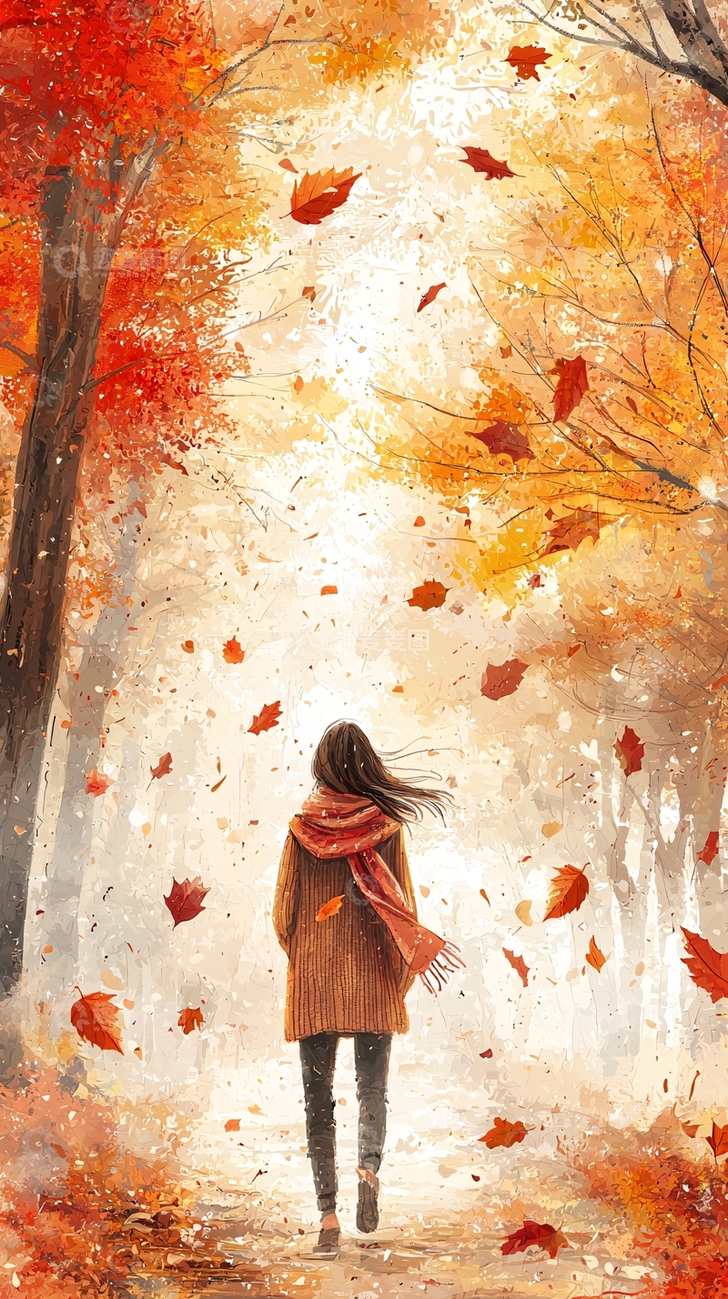 高清大图下载【趣麦麦图】秋日落叶中的背影