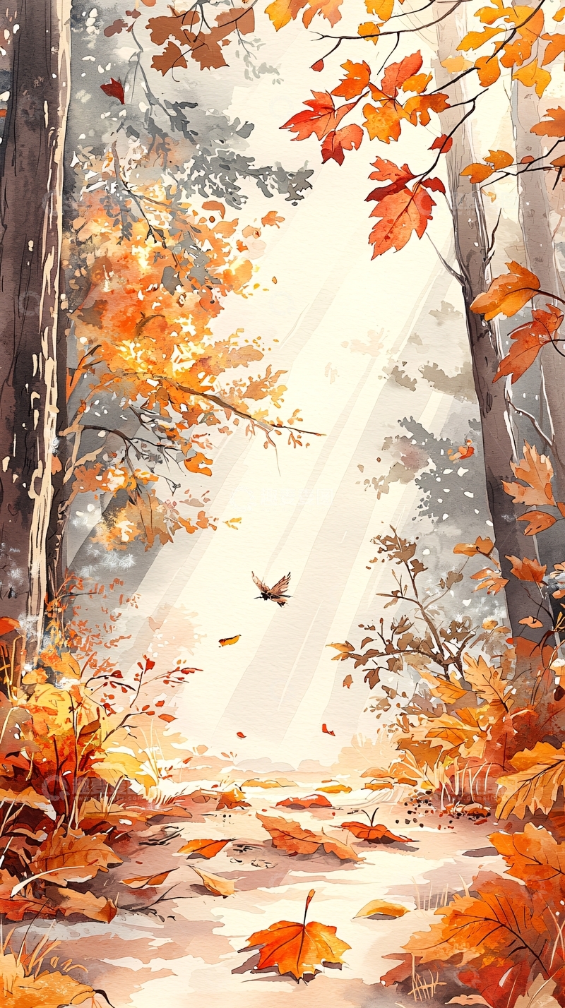 高清大图下载【趣麦麦图】秋日森林落叶鸟飞