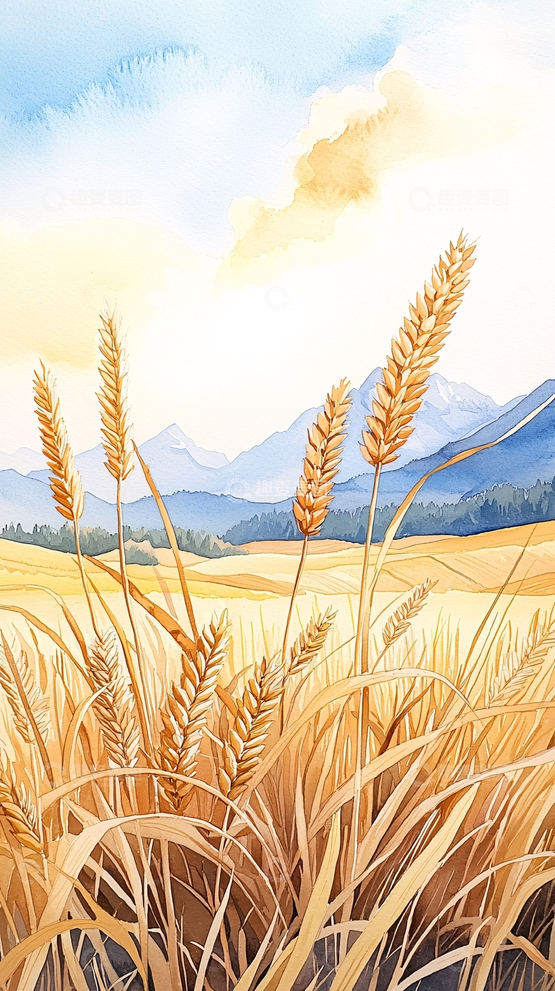 高清大图下载【趣麦麦图】金色麦田与雪山风景