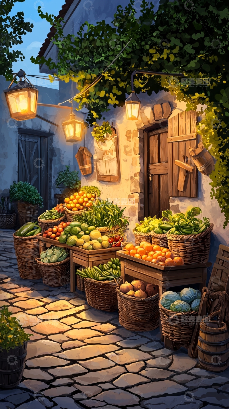 高清大图下载【趣麦麦图】乡村夜市水果蔬菜摊