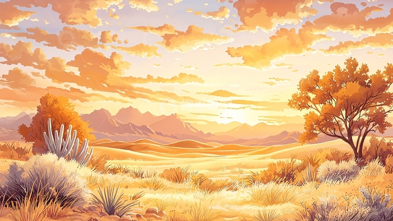 高清大图下载【趣麦麦图】沙漠日落风景插画