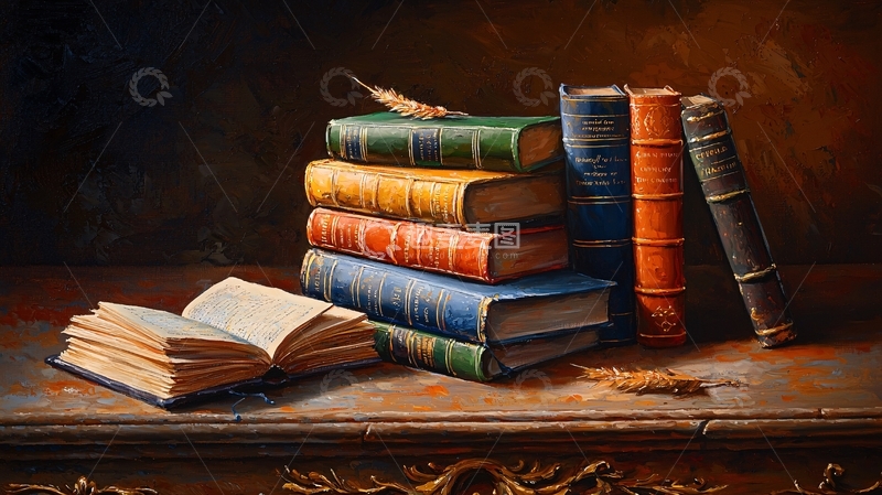 高清大图下载【趣麦麦图】古典书桌上的书籍静物画