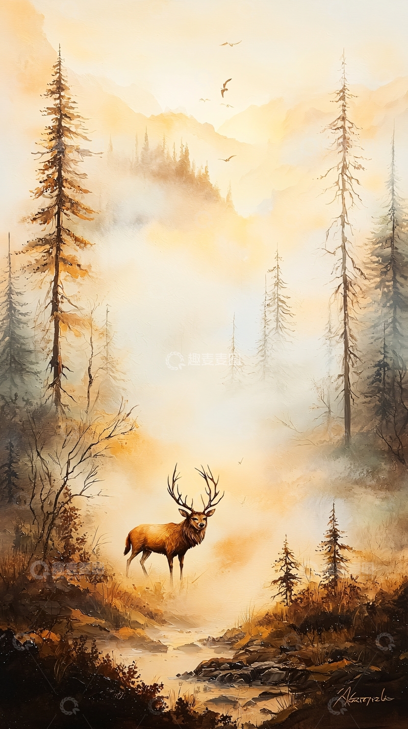 高清大图下载【趣麦麦图】晨雾中的鹿与森林